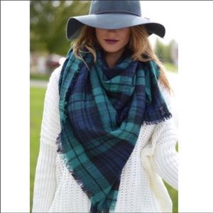 Plaid Blanket Scarf Navy Blue Green Fringe Frayed Raw Edge